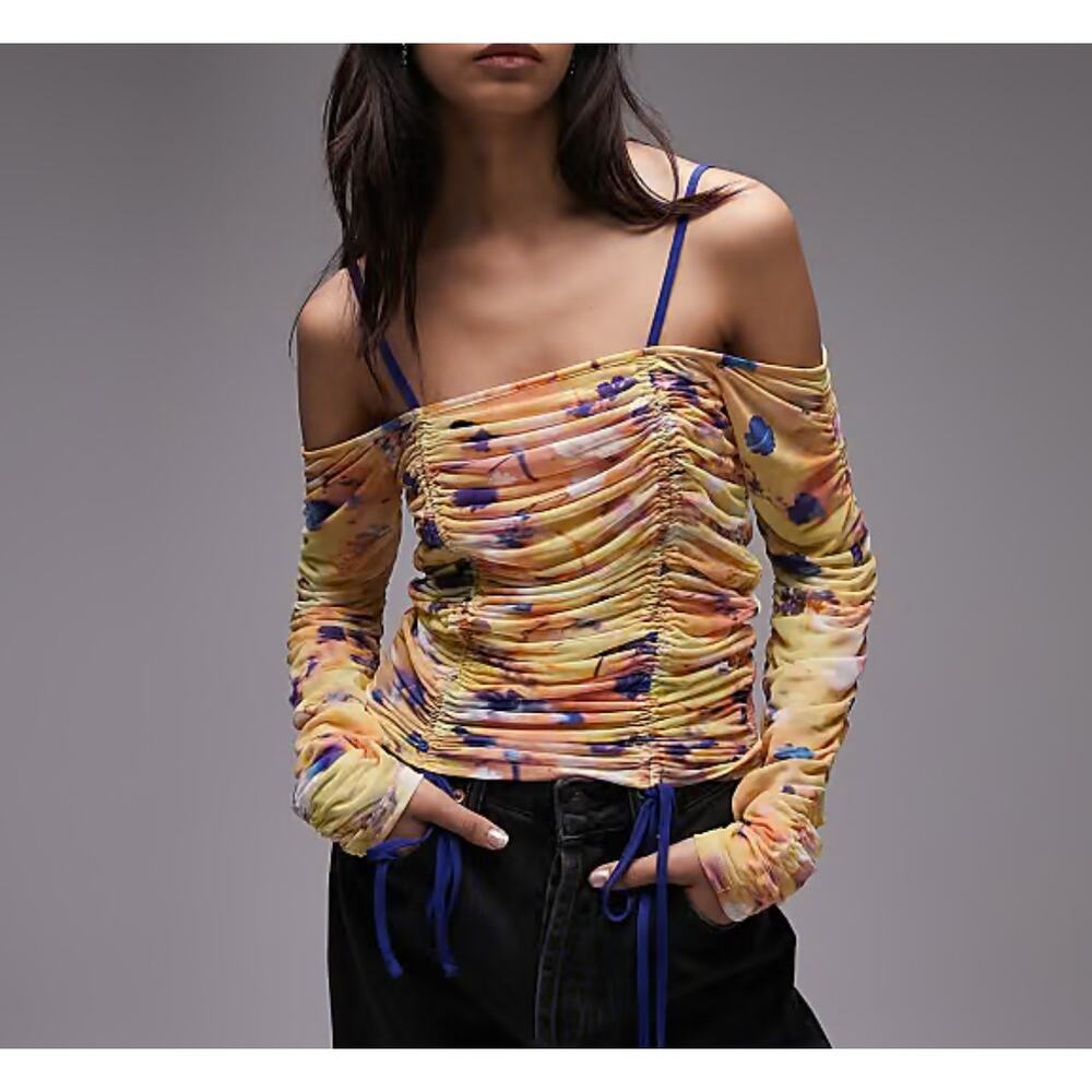 Topshop Mesh Printed Long sleeve Ruched Bardot Top Multi Women's S Yellow Orange